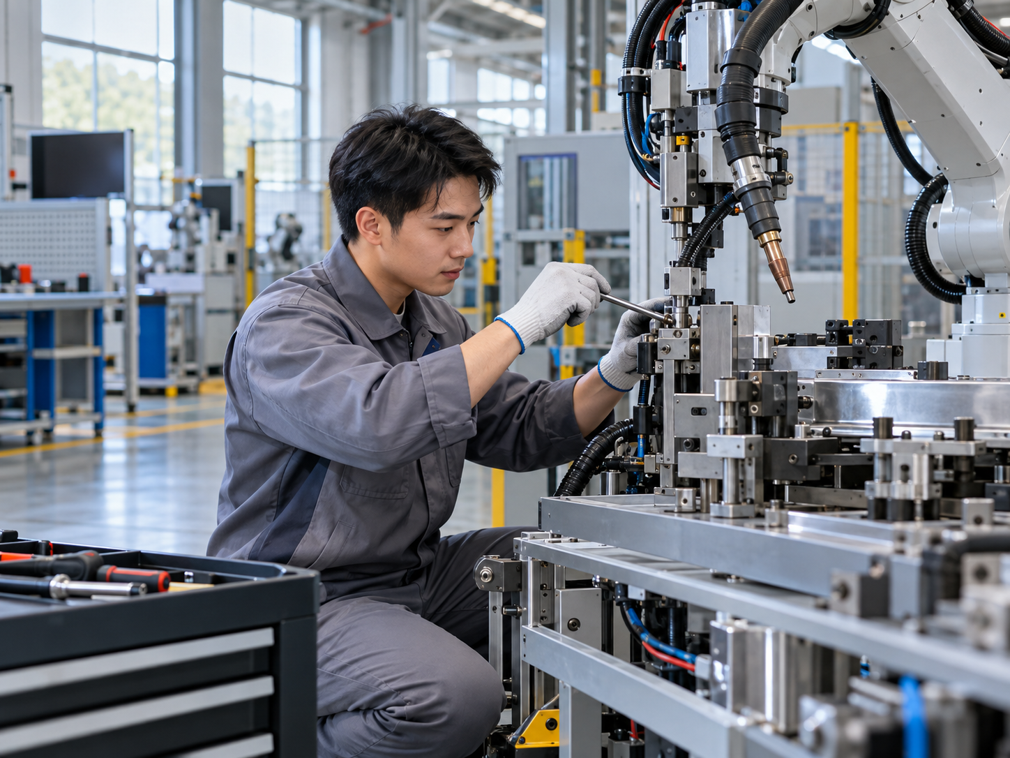自動電焊機操作人員應徵條件示意圖（AI 生成）